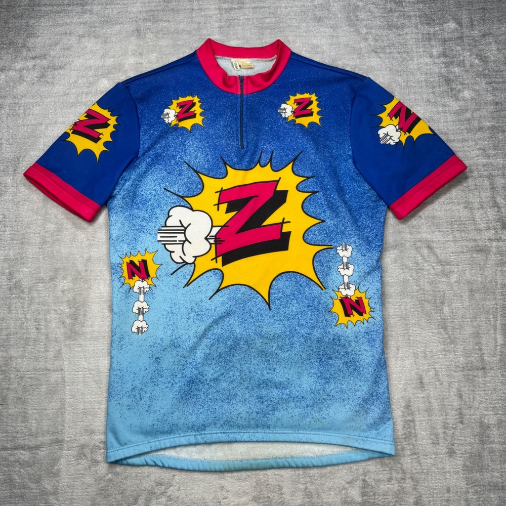 Vintage Cycling Jersey Mens Large Blue Peugeot Italian 80s Comic Made in Italy